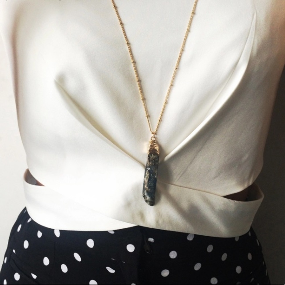 Long Black Crystal Stone Pendant Necklace